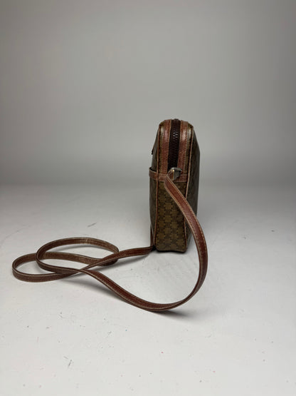 Vintage Celine Paris Patent Leather Monogram Messenger Bag Khaki Brown