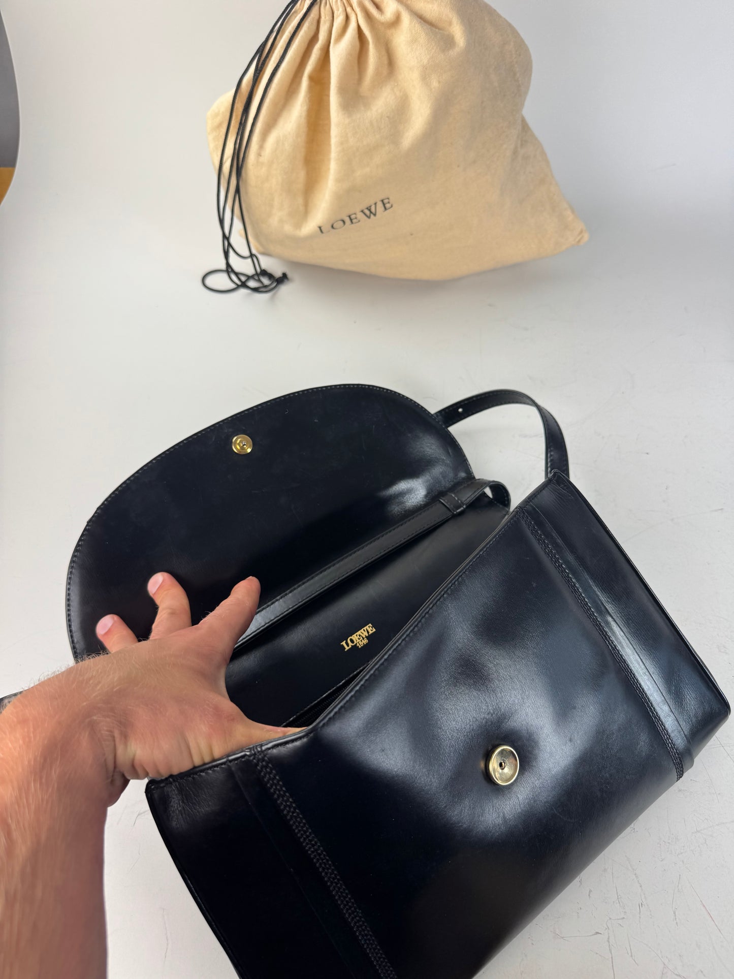 Vintage Loewe Leather Shoulder Bag Black Gold-tone c. 2000