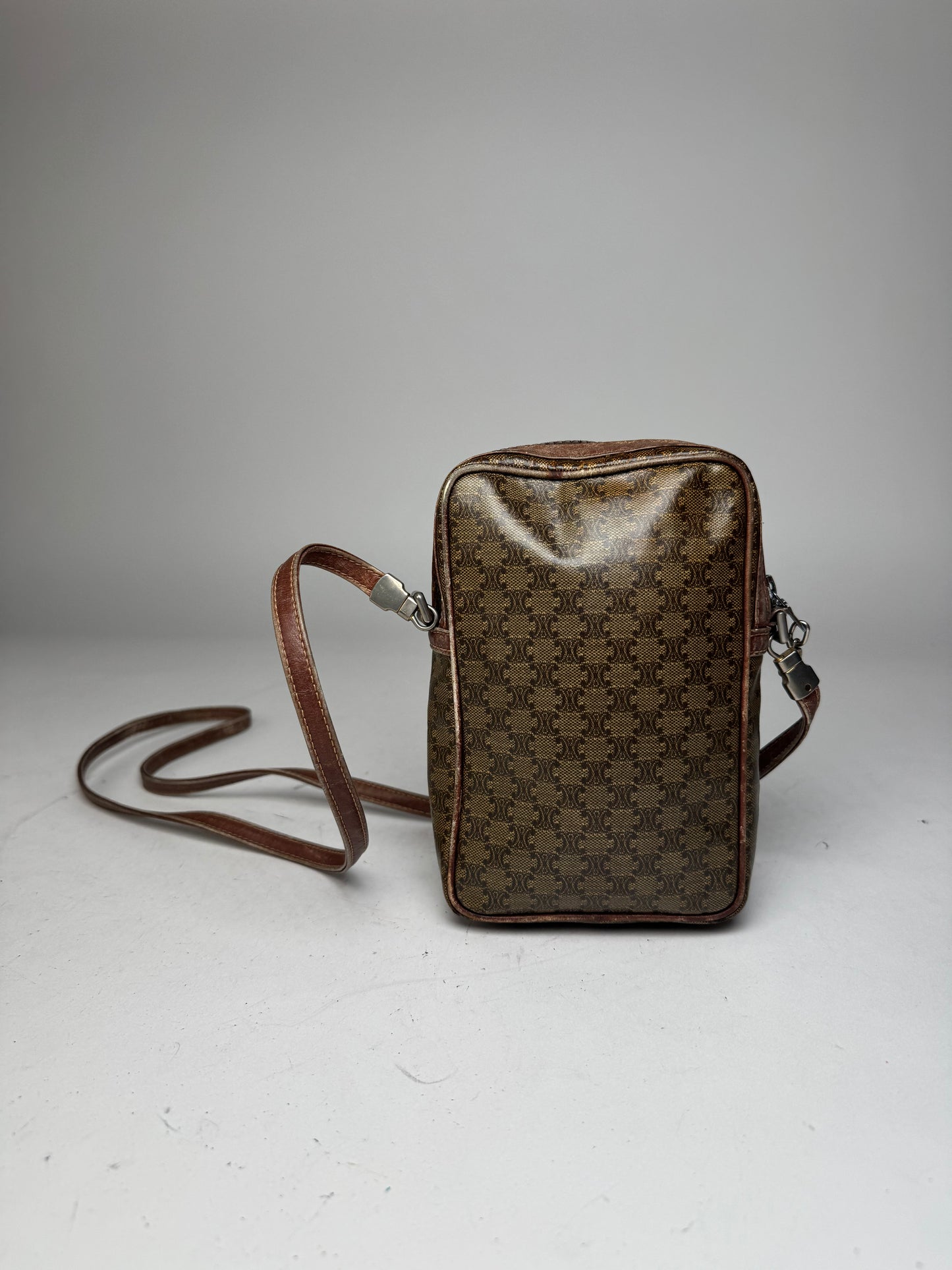 Vintage Celine Paris Patent Leather Monogram Messenger Bag Khaki Brown