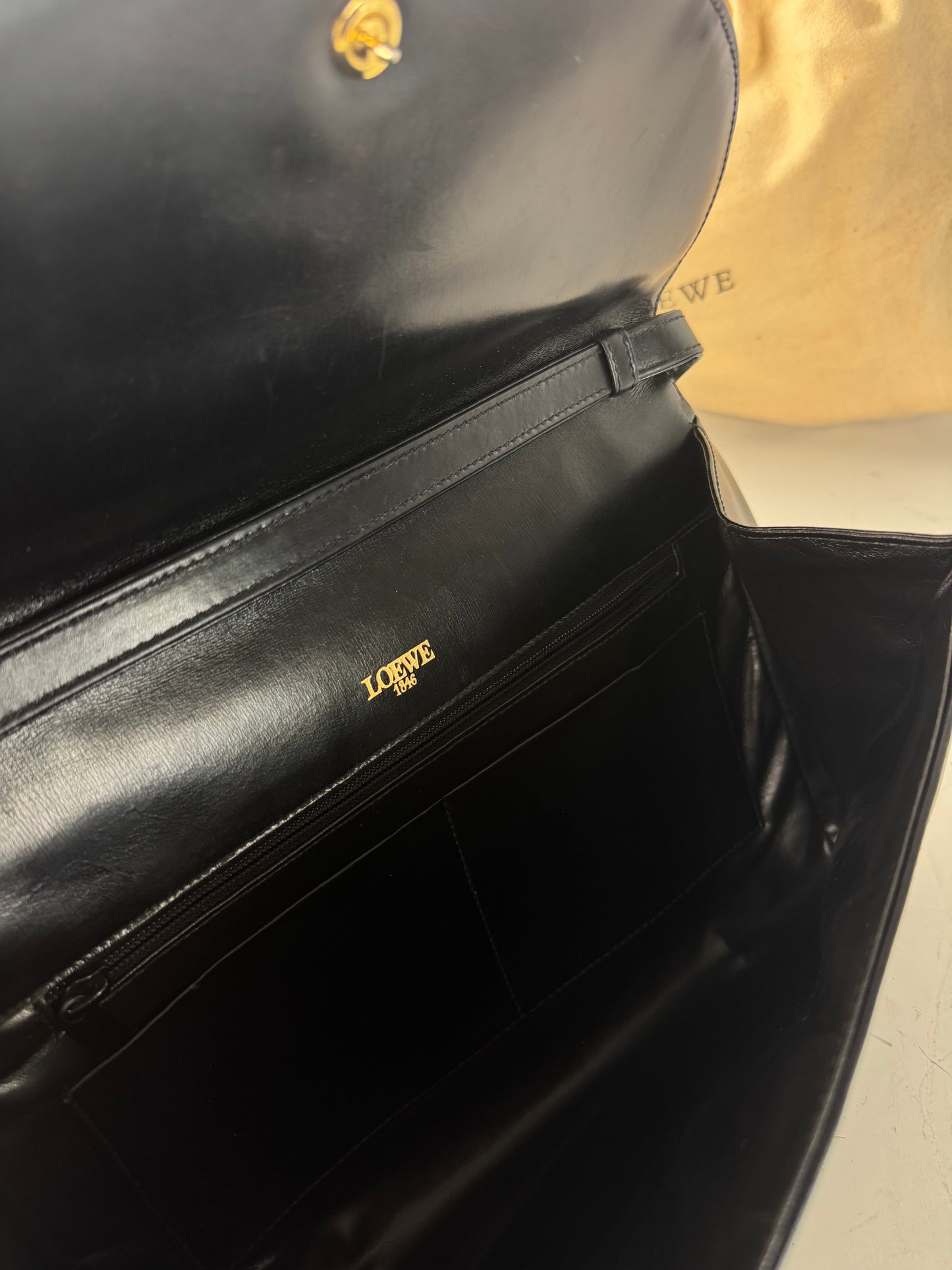 Vintage Loewe Leather Shoulder Bag Black Gold-tone c. 2000