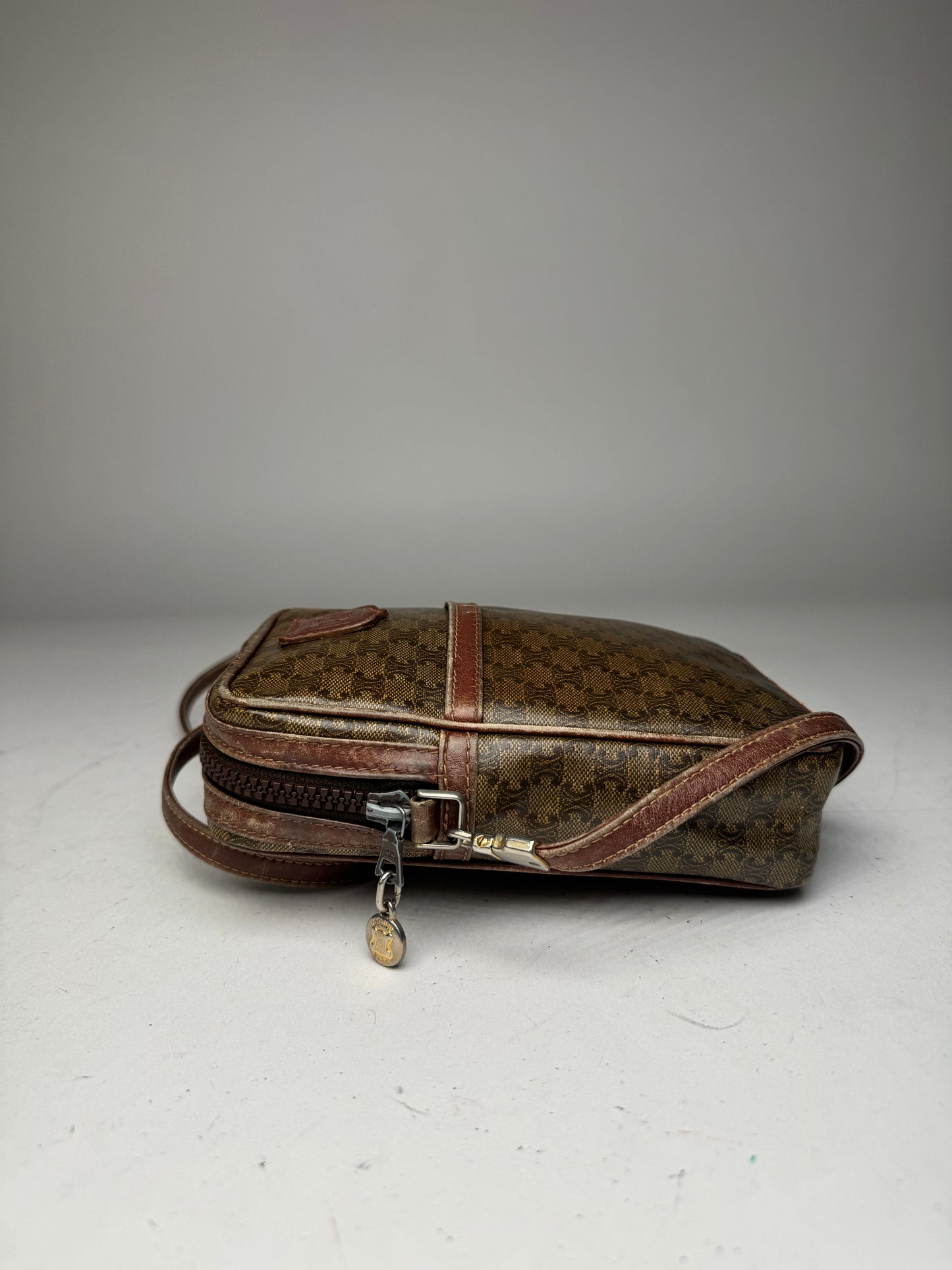 Vintage Celine Paris Patent Leather Monogram Messenger Bag Khaki Brown