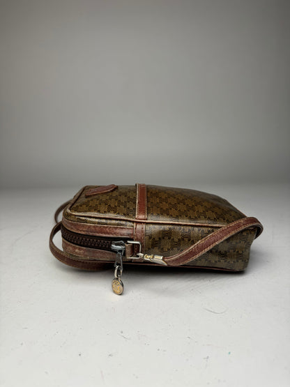 Vintage Celine Paris Patent Leather Monogram Messenger Bag Khaki Brown