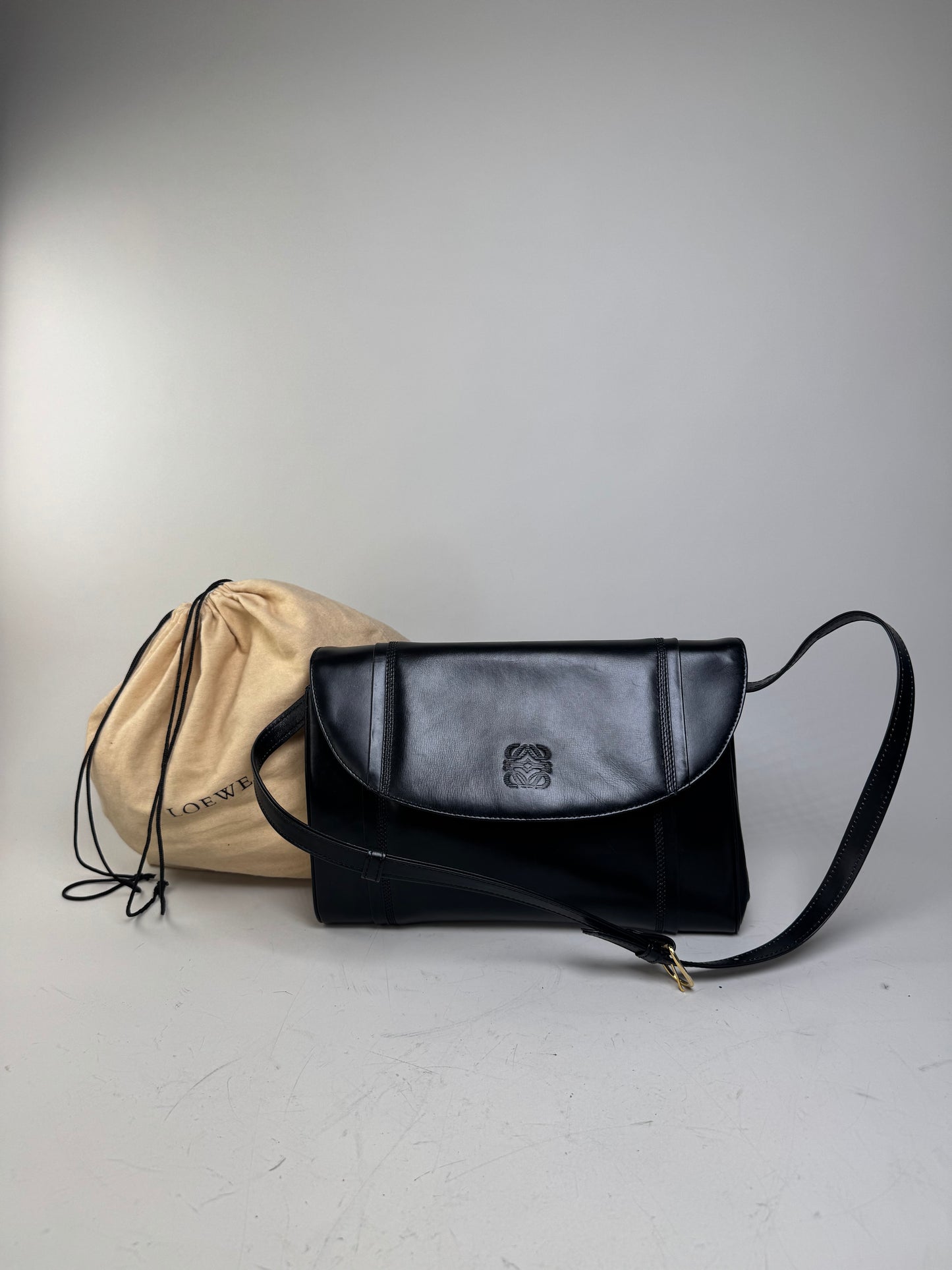 Vintage Loewe Leather Shoulder Bag Black Gold-tone c. 2000