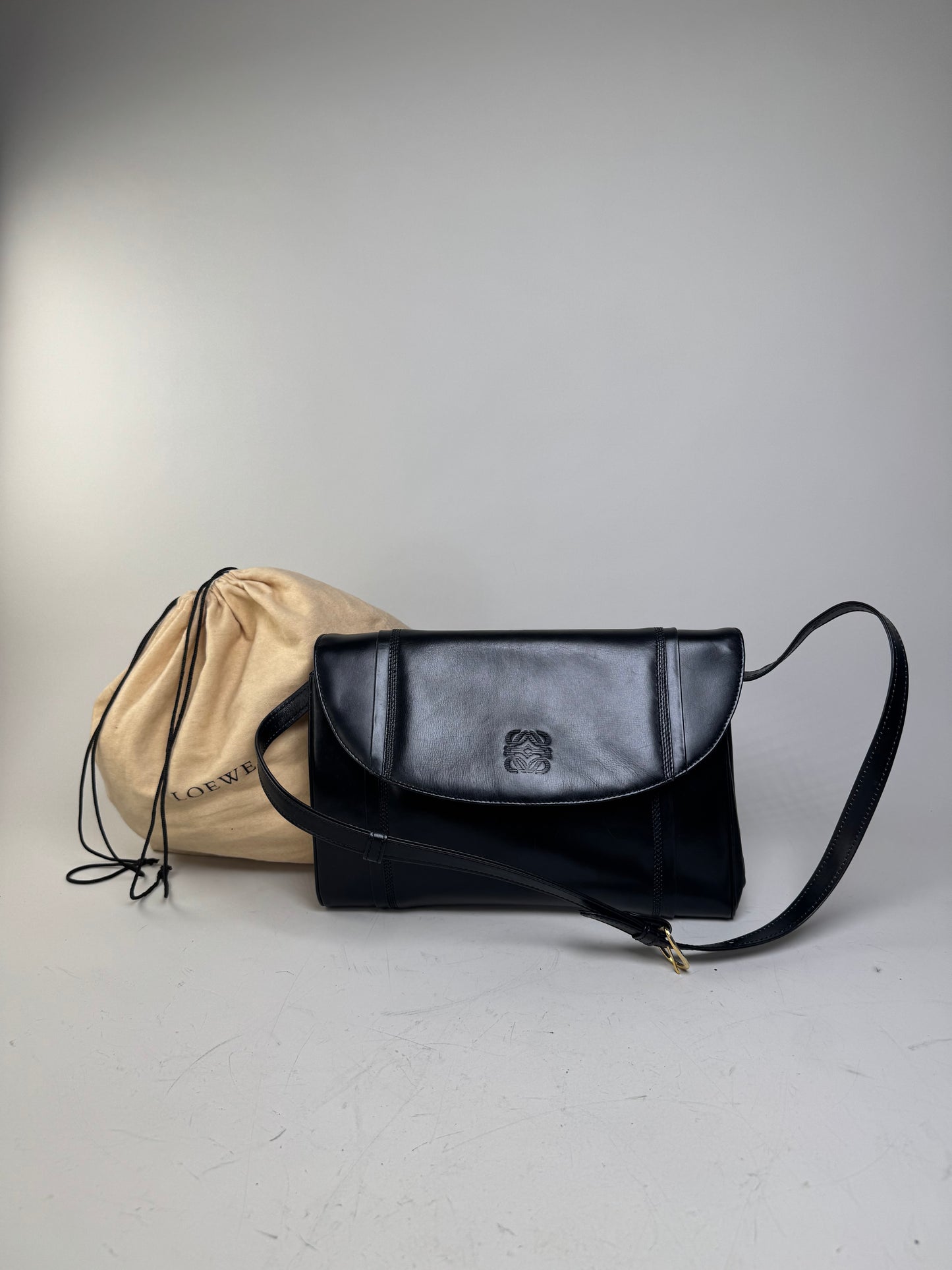 Vintage Loewe Leather Shoulder Bag Black Gold-tone c. 2000