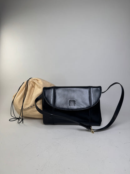 Vintage Loewe Leather Shoulder Bag Black Gold-tone c. 2000