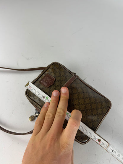 Vintage Celine Paris Patent Leather Monogram Messenger Bag Khaki Brown