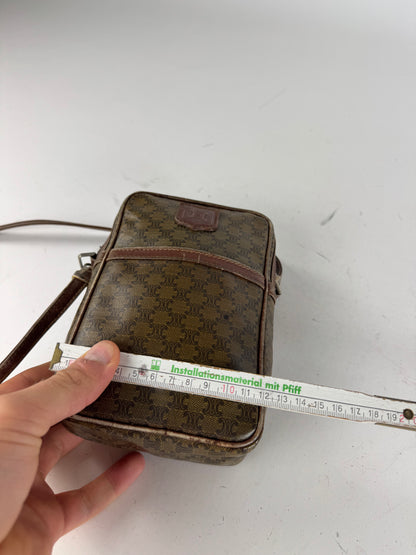 Vintage Celine Paris Patent Leather Monogram Messenger Bag Khaki Brown