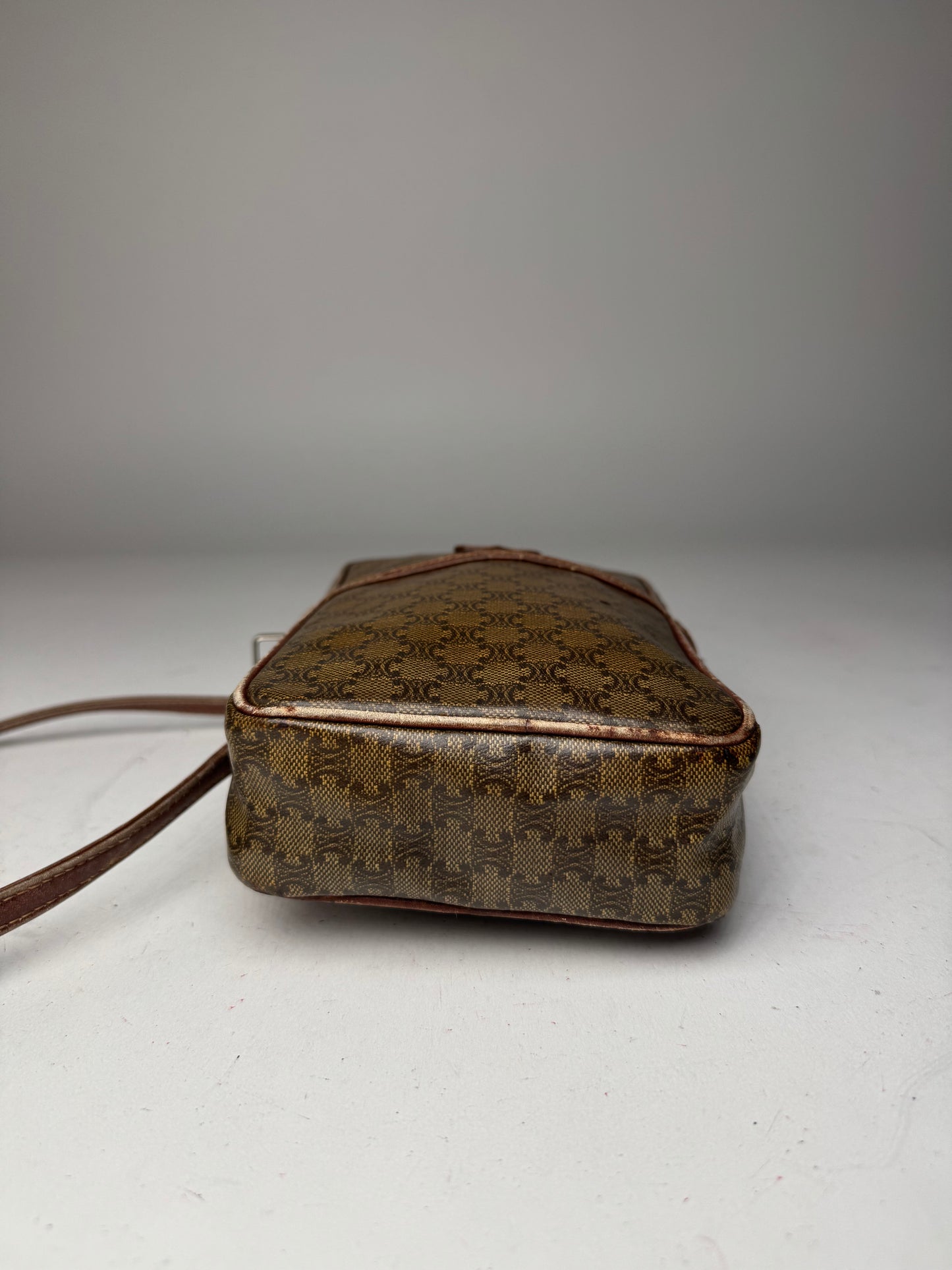 Vintage Celine Paris Patent Leather Monogram Messenger Bag Khaki Brown