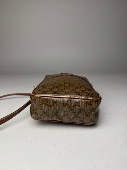 Vintage Celine Paris Patent Leather Monogram Messenger Bag Khaki Brown