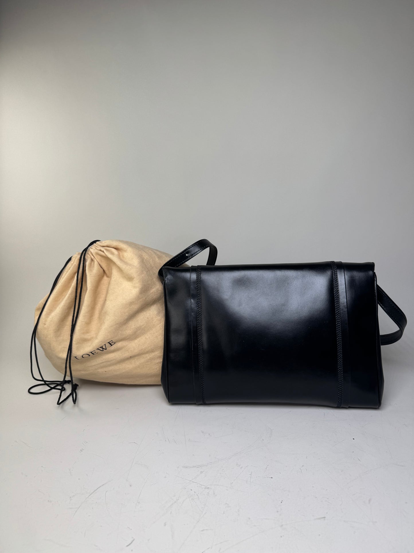 Vintage Loewe Leather Shoulder Bag Black Gold-tone c. 2000