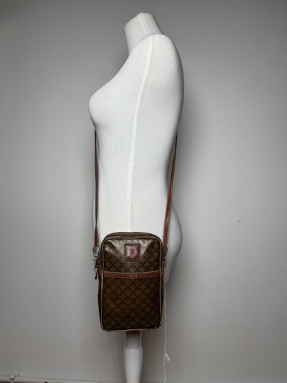 Vintage Celine Paris Patent Leather Monogram Messenger Bag Khaki Brown