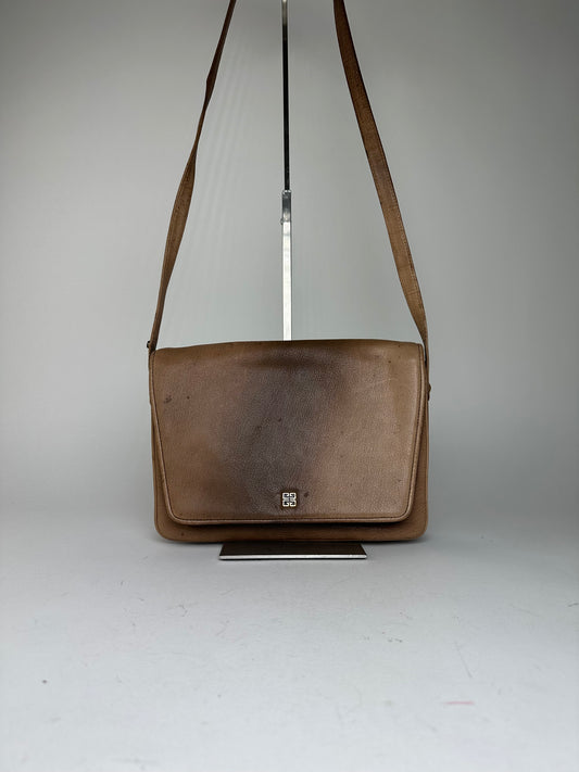 Vintage Givenchy 4G Logo Grained Leather Crossbody Bag Tan