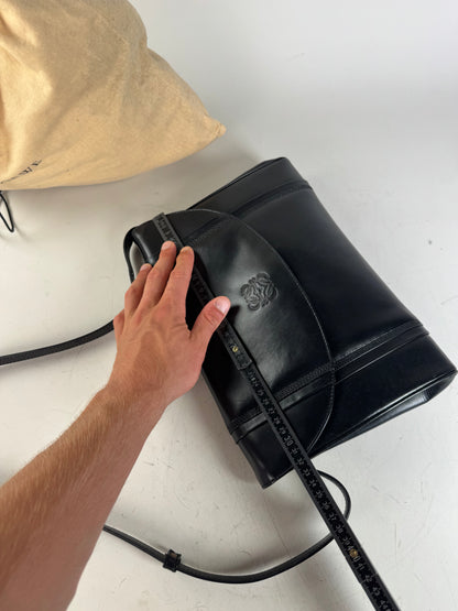 Vintage Loewe Leather Shoulder Bag Black Gold-tone c. 2000