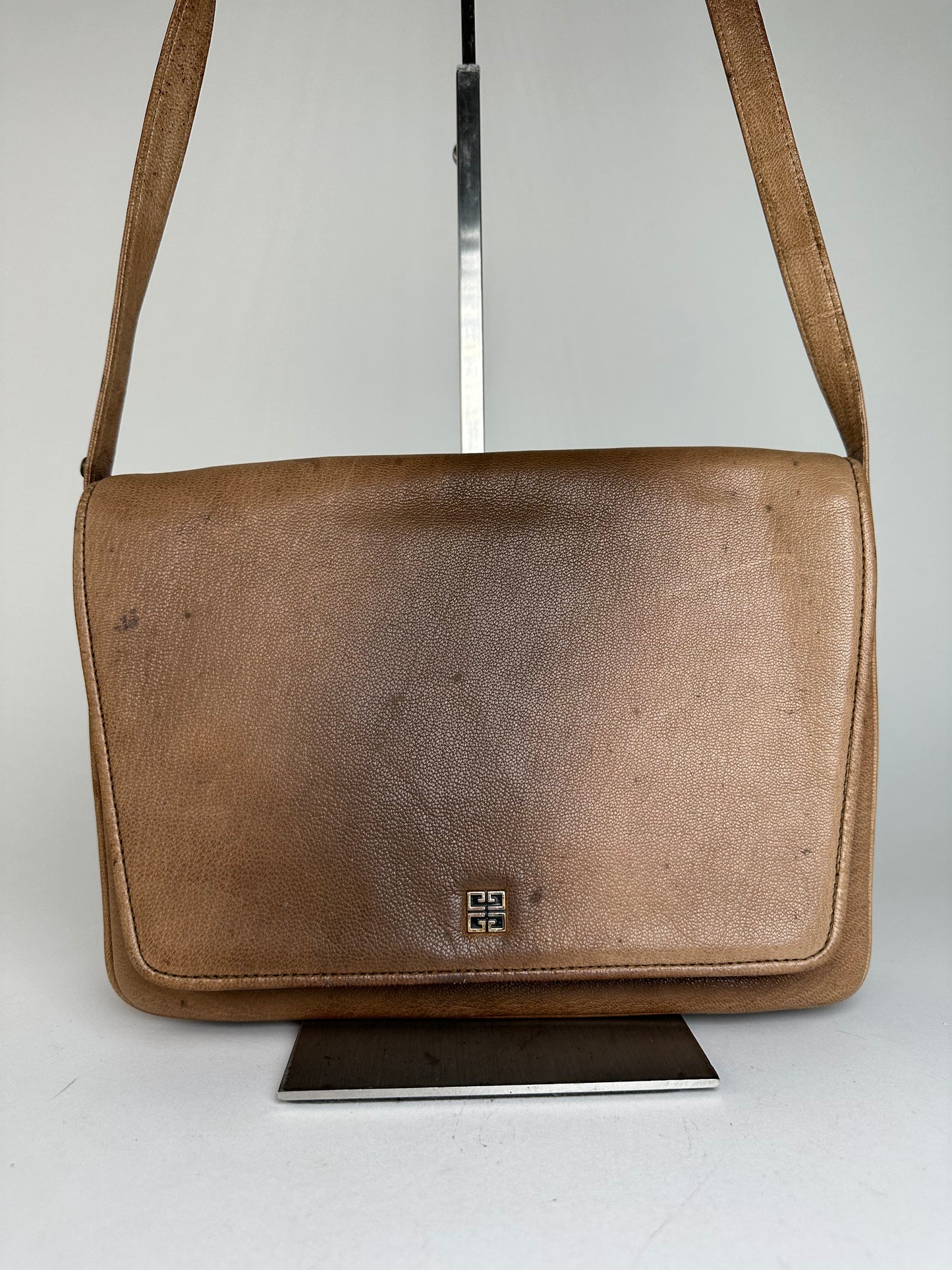 Vintage Givenchy 4G Logo Grained Leather Crossbody Bag Tan