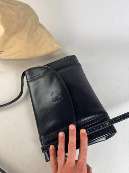Vintage Loewe Leather Shoulder Bag Black Gold-tone c. 2000