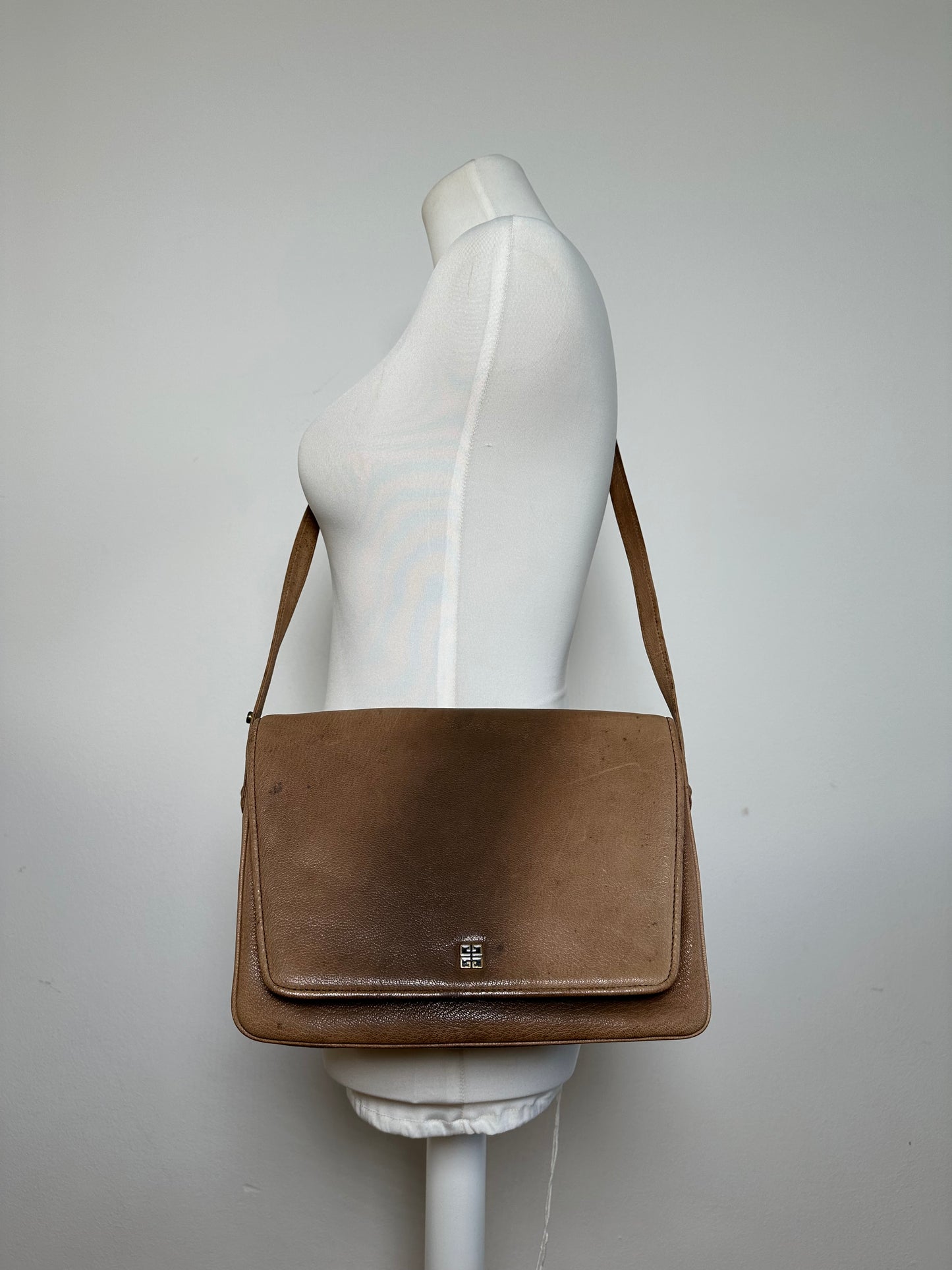 Vintage Givenchy 4G Logo Grained Leather Crossbody Bag Tan