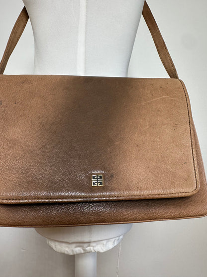 Vintage Givenchy 4G Logo Grained Leather Crossbody Bag Tan
