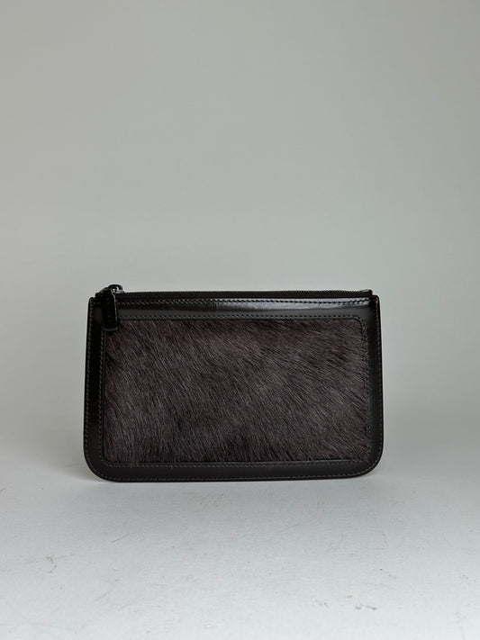 Vintage Celine Pony Hair and Patent Leather Zip Pouch Brown