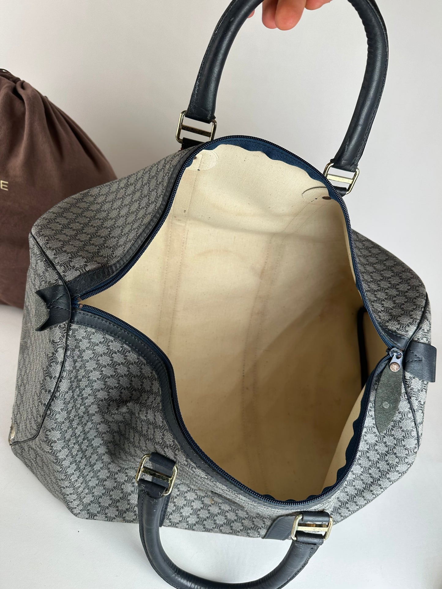 Vintage Celine Paris Triomphe Monogram Duffel Bag Grey Navy Black