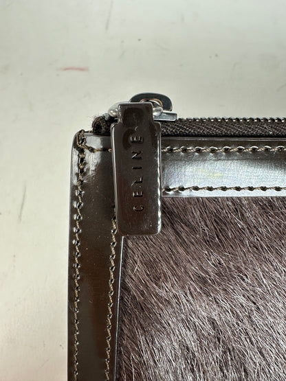 Vintage Celine Pony Hair and Patent Leather Zip Pouch Brown