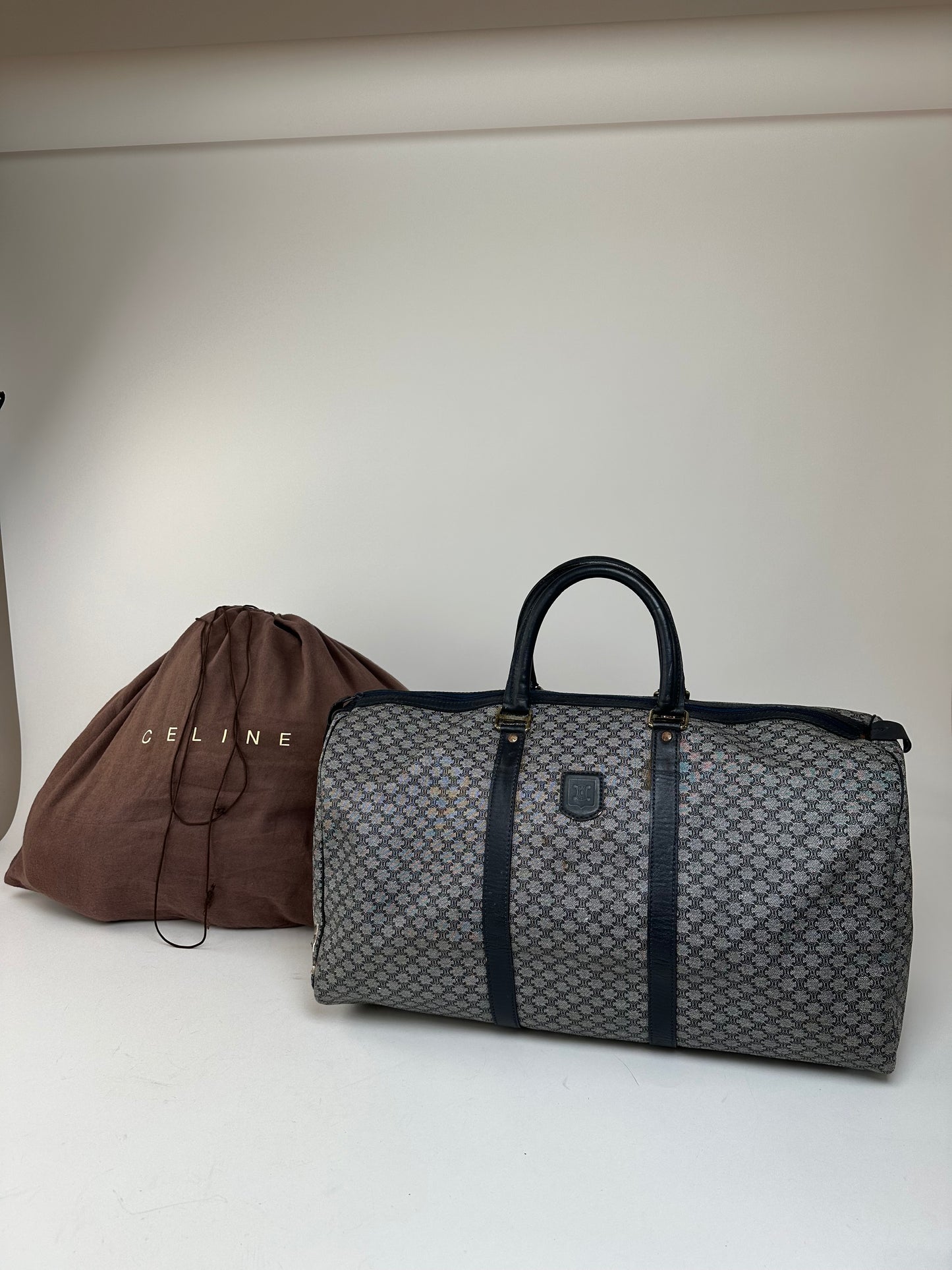 Vintage Celine Paris Triomphe Monogram Duffel Bag Grey Navy Black
