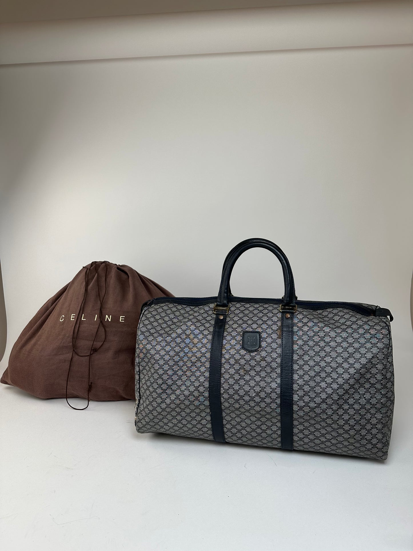 Vintage Celine Paris Triomphe Monogram Duffel Bag Grey Navy Black