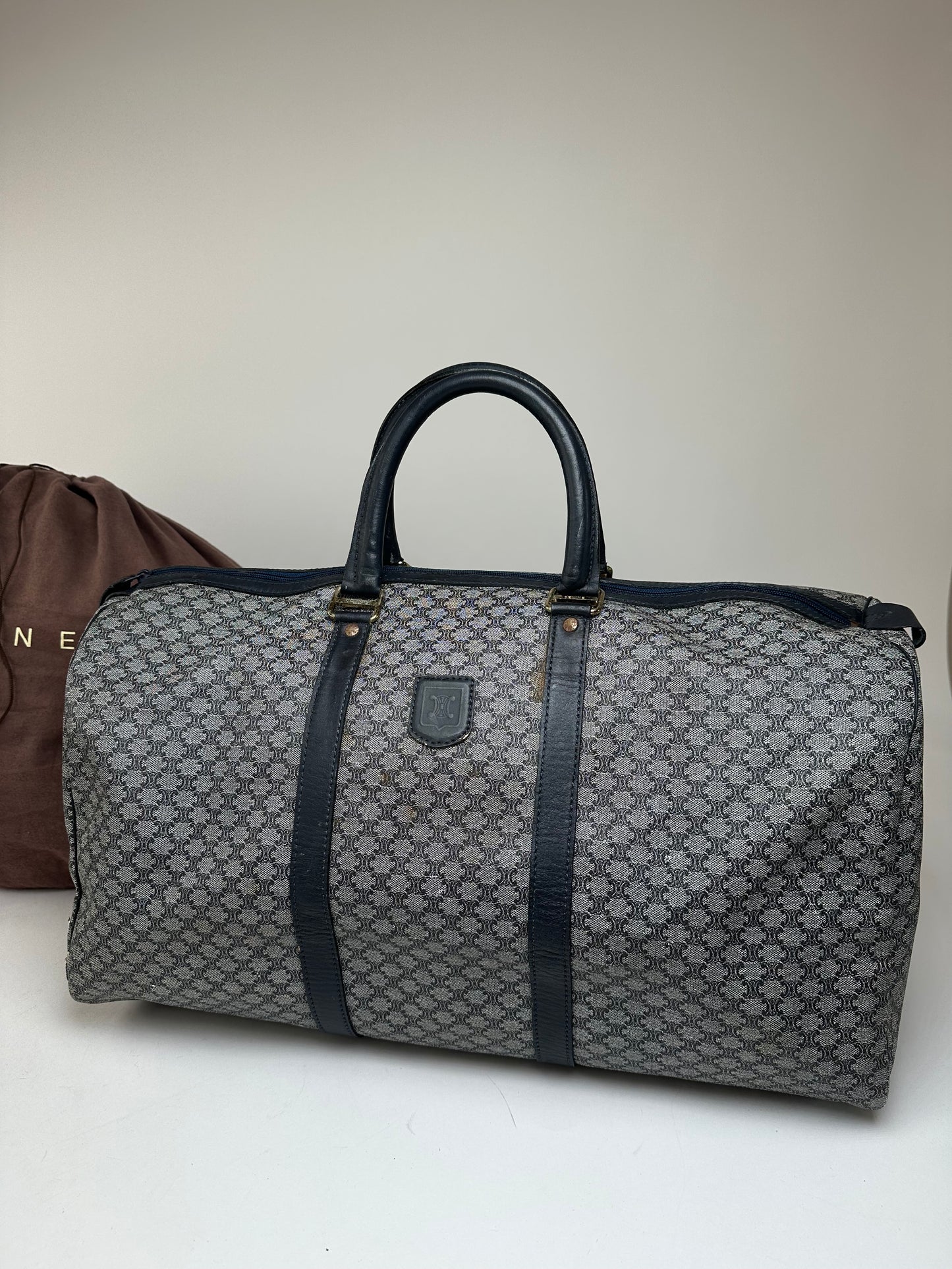 Vintage Celine Paris Triomphe Monogram Duffel Bag Grey Navy Black