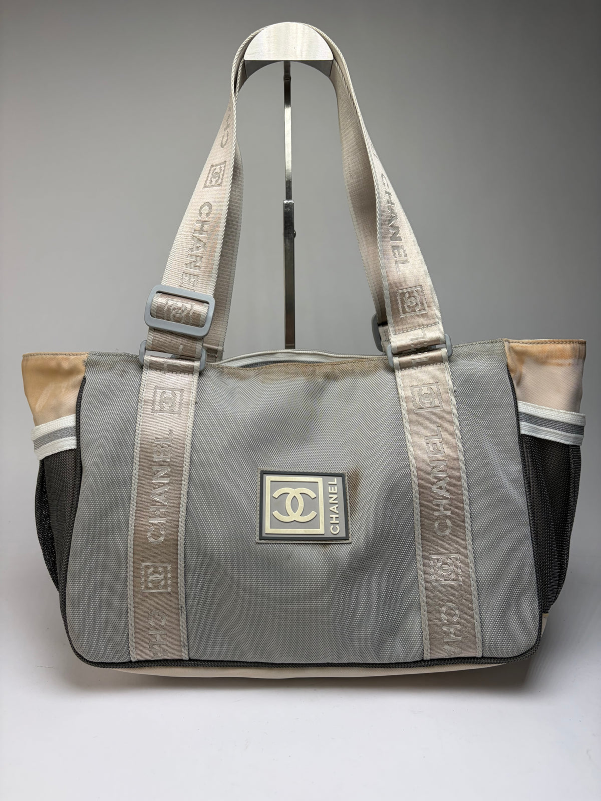 Vintage Chanel Sport Line Nylon Tote c. 2005–2006 Grey Beige Black