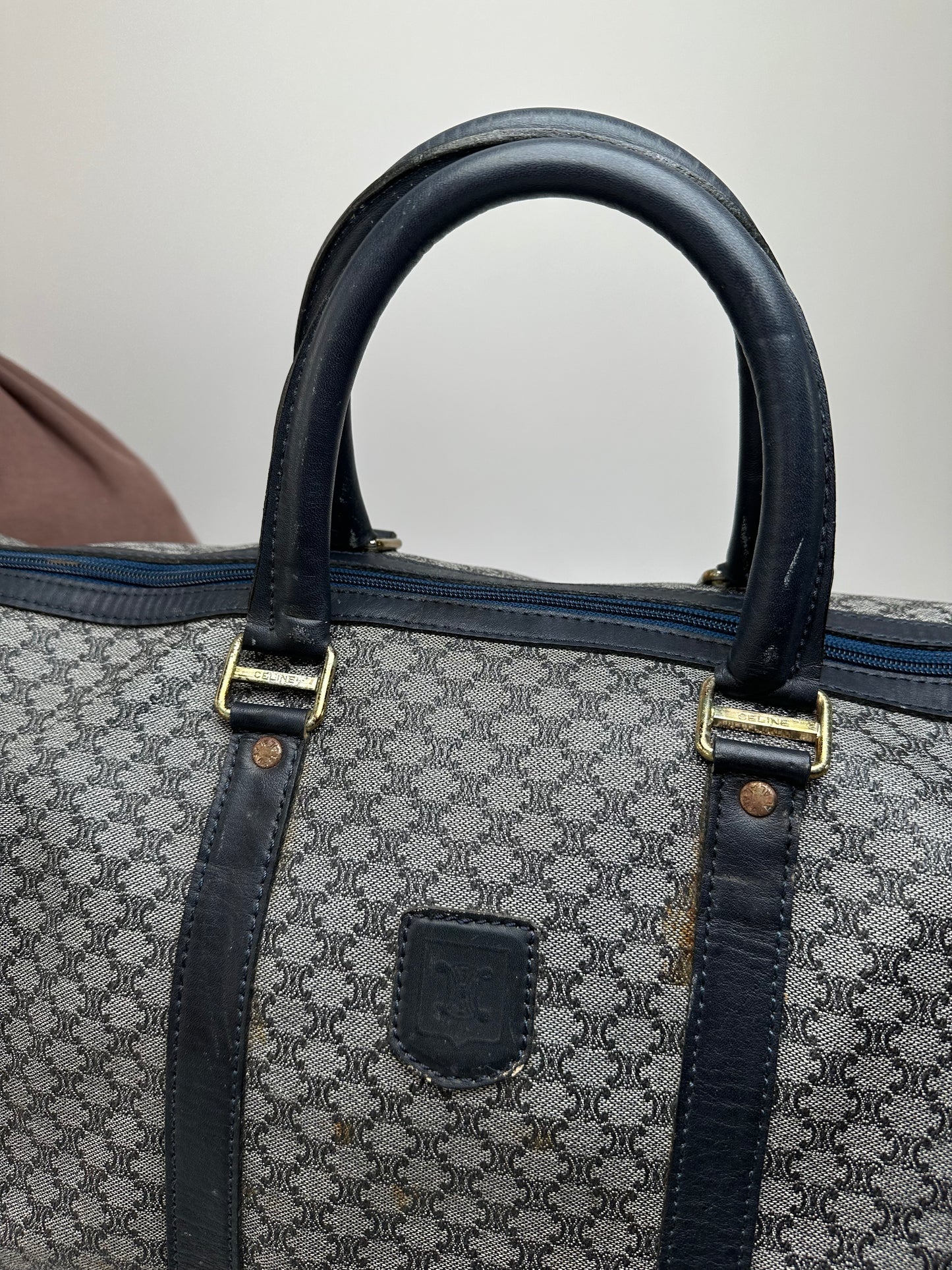 Vintage Celine Paris Triomphe Monogram Duffel Bag Grey Navy Black