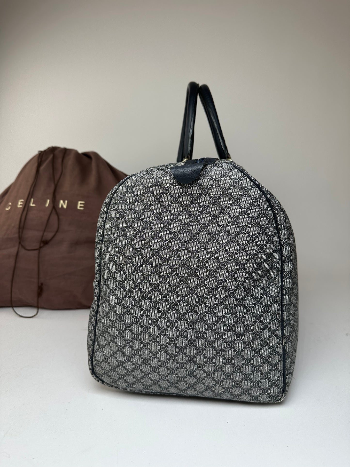 Vintage Celine Paris Triomphe Monogram Duffel Bag Grey Navy Black