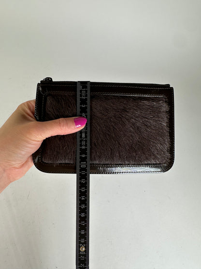 Vintage Celine Pony Hair and Patent Leather Zip Pouch Brown