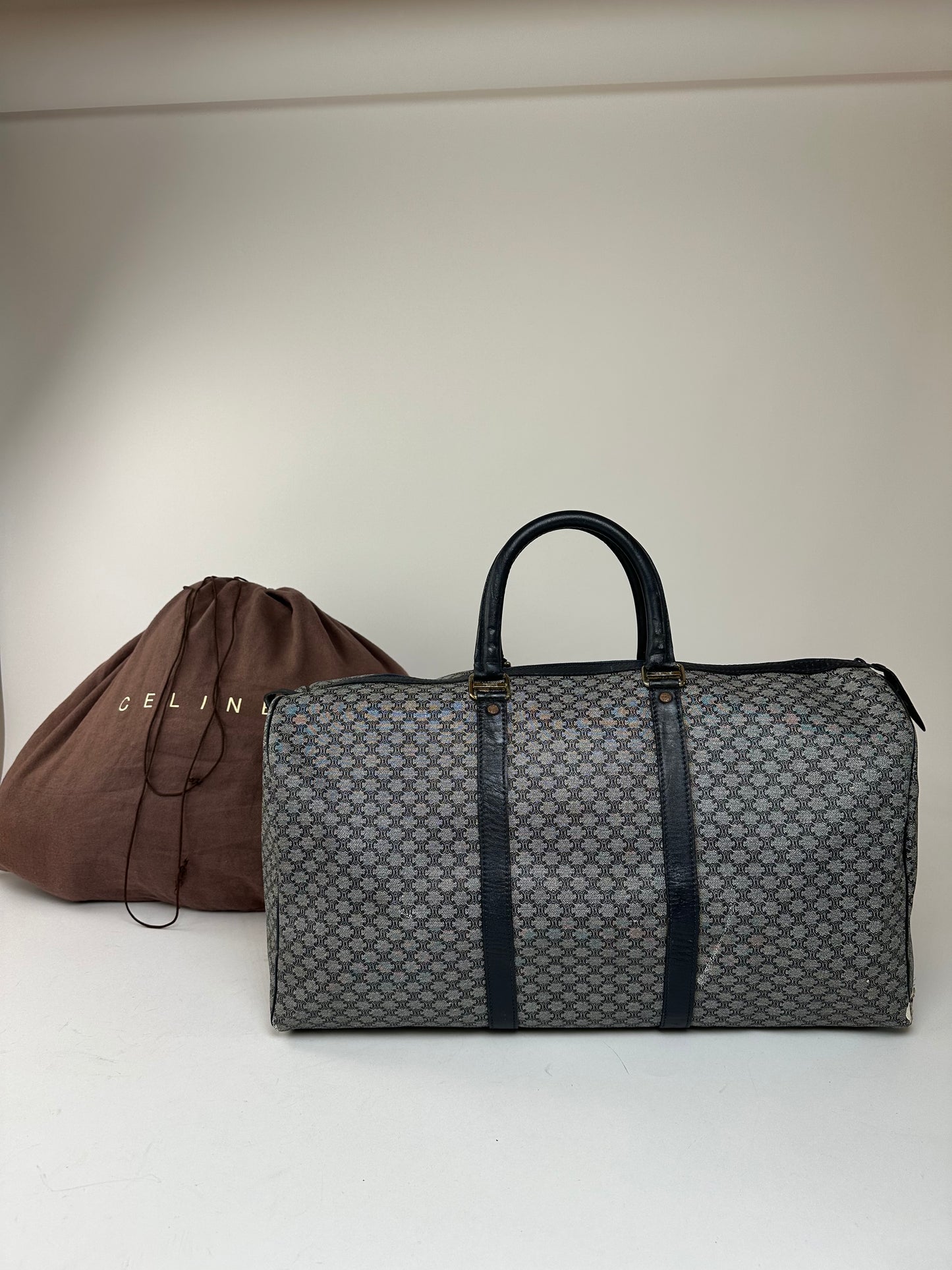 Vintage Celine Paris Triomphe Monogram Duffel Bag Grey Navy Black
