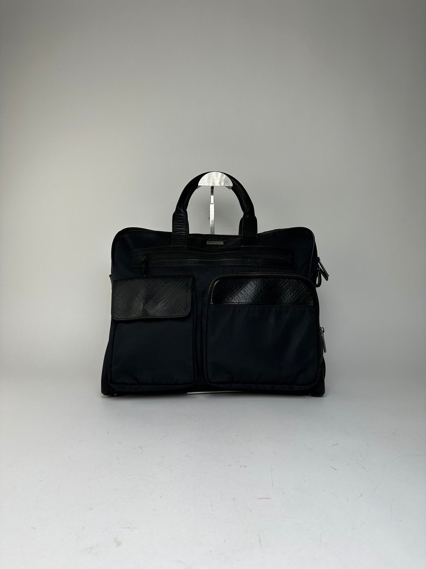 Vintage Burberry Black Label Embossed Check Nylon Briefcase Black