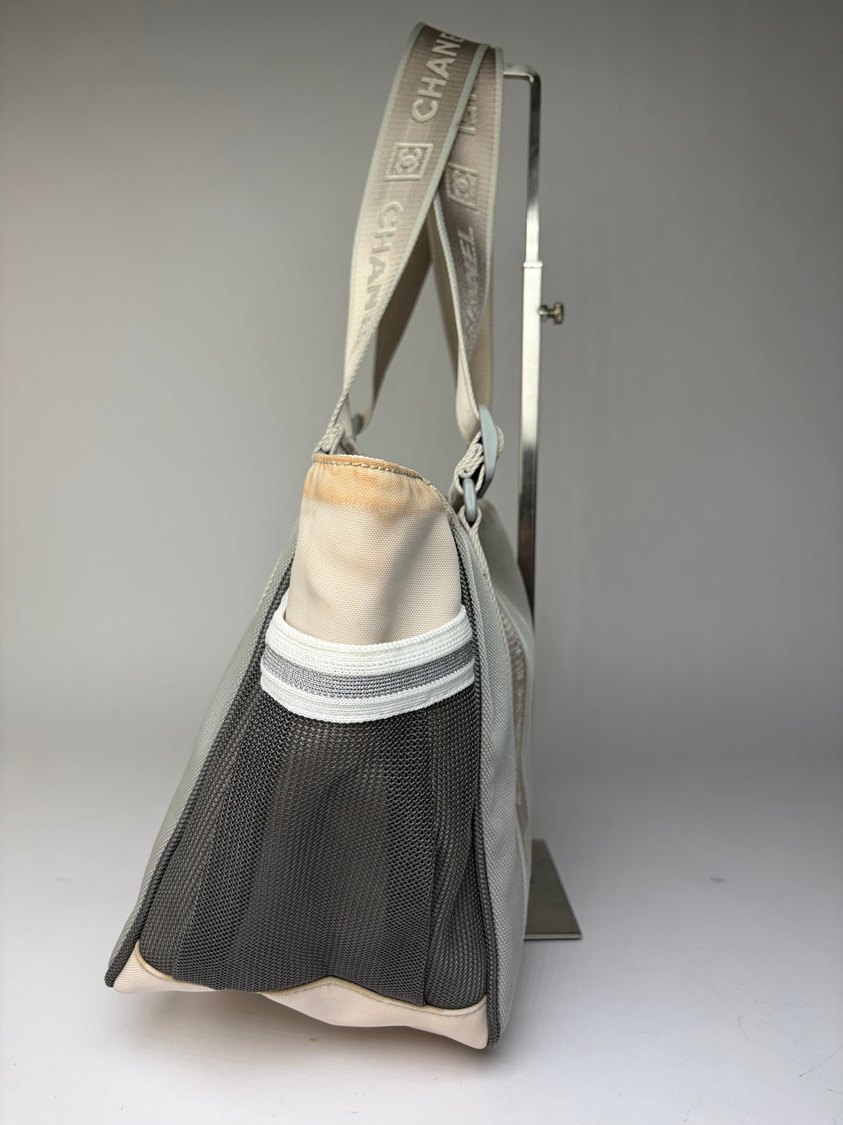 Vintage Chanel Sport Line Nylon Tote c. 2005–2006 Grey Beige Black