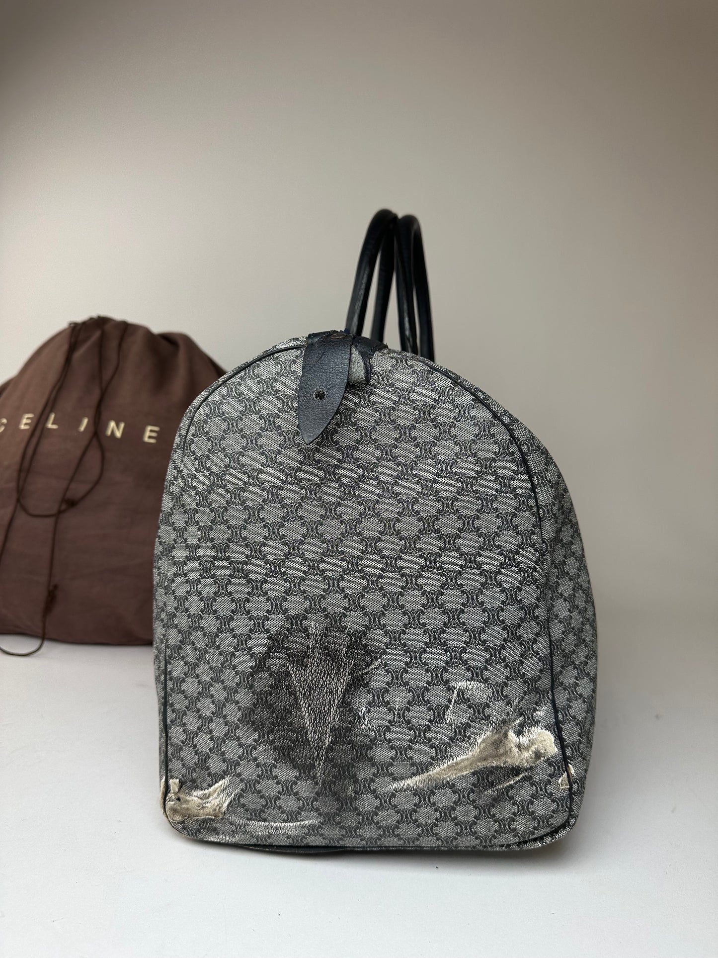 Vintage Celine Paris Triomphe Monogram Duffel Bag Grey Navy Black
