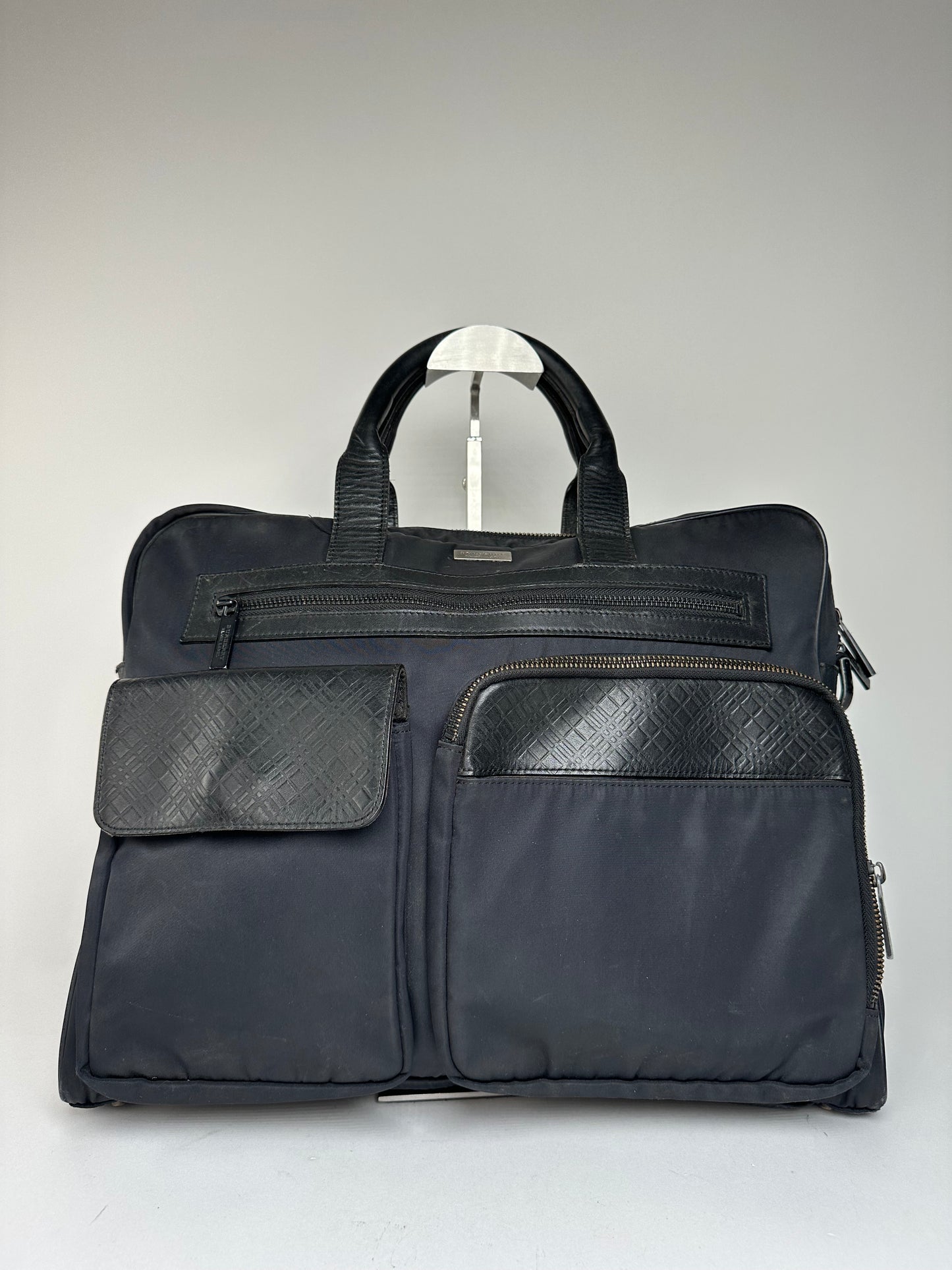 Vintage Burberry Black Label Embossed Check Nylon Briefcase Black