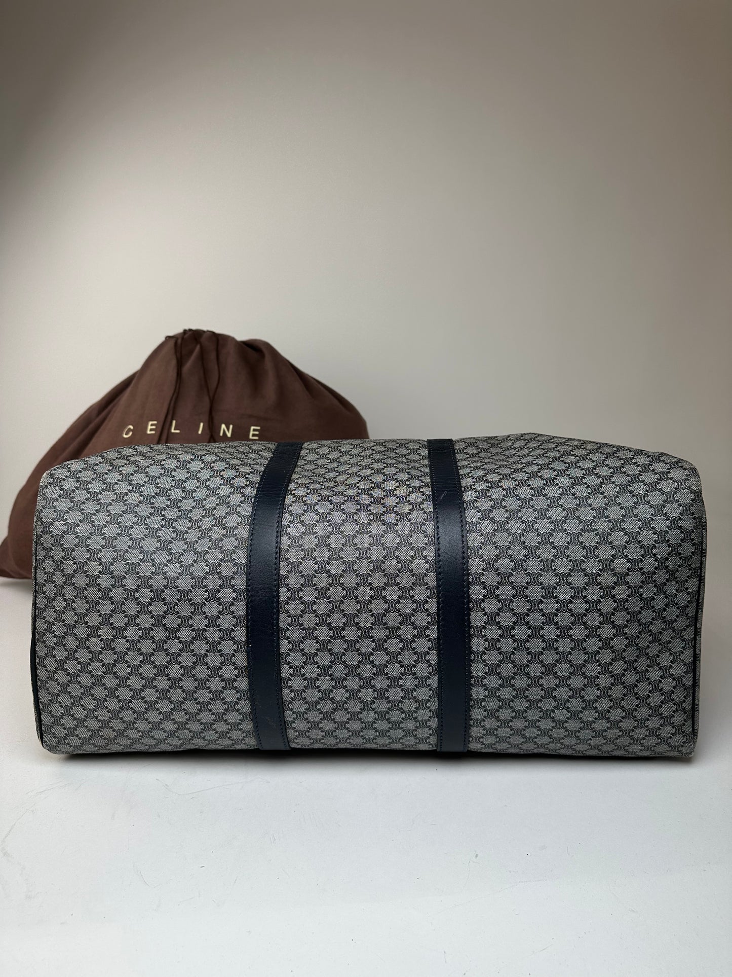 Vintage Celine Paris Triomphe Monogram Duffel Bag Grey Navy Black