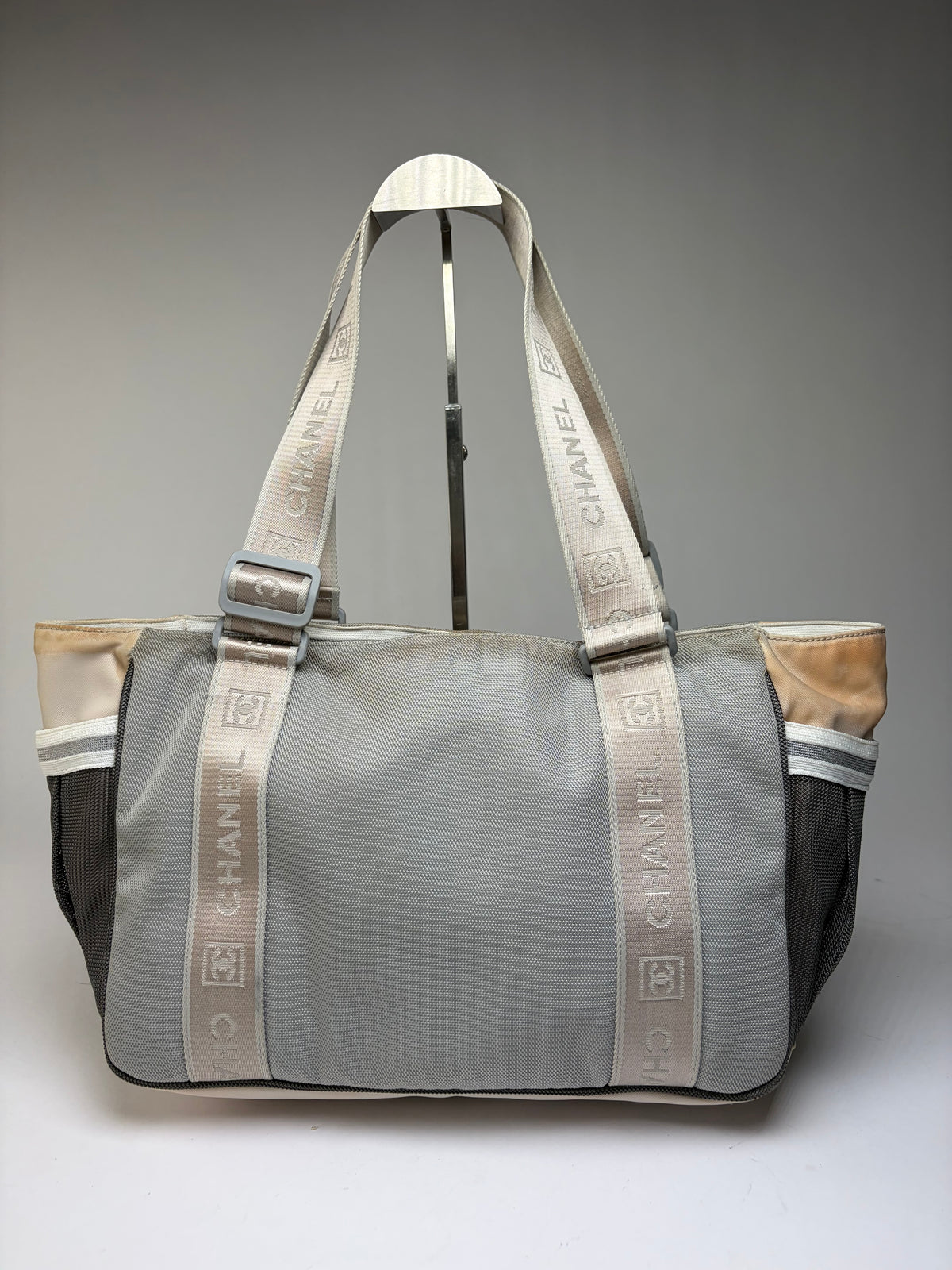 Vintage Chanel Sport Line Nylon Tote c. 2005–2006 Grey Beige Black