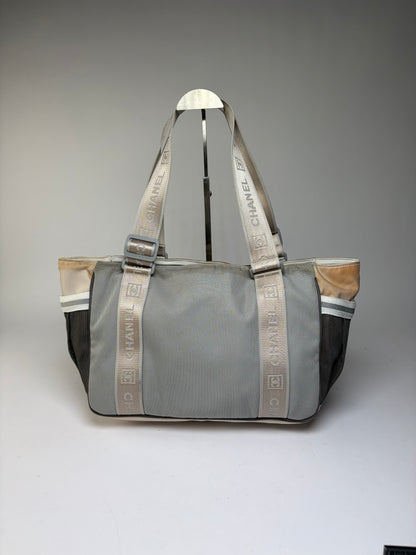 Vintage Chanel Sport Line Nylon Tote c. 2005–2006 Grey Beige Black