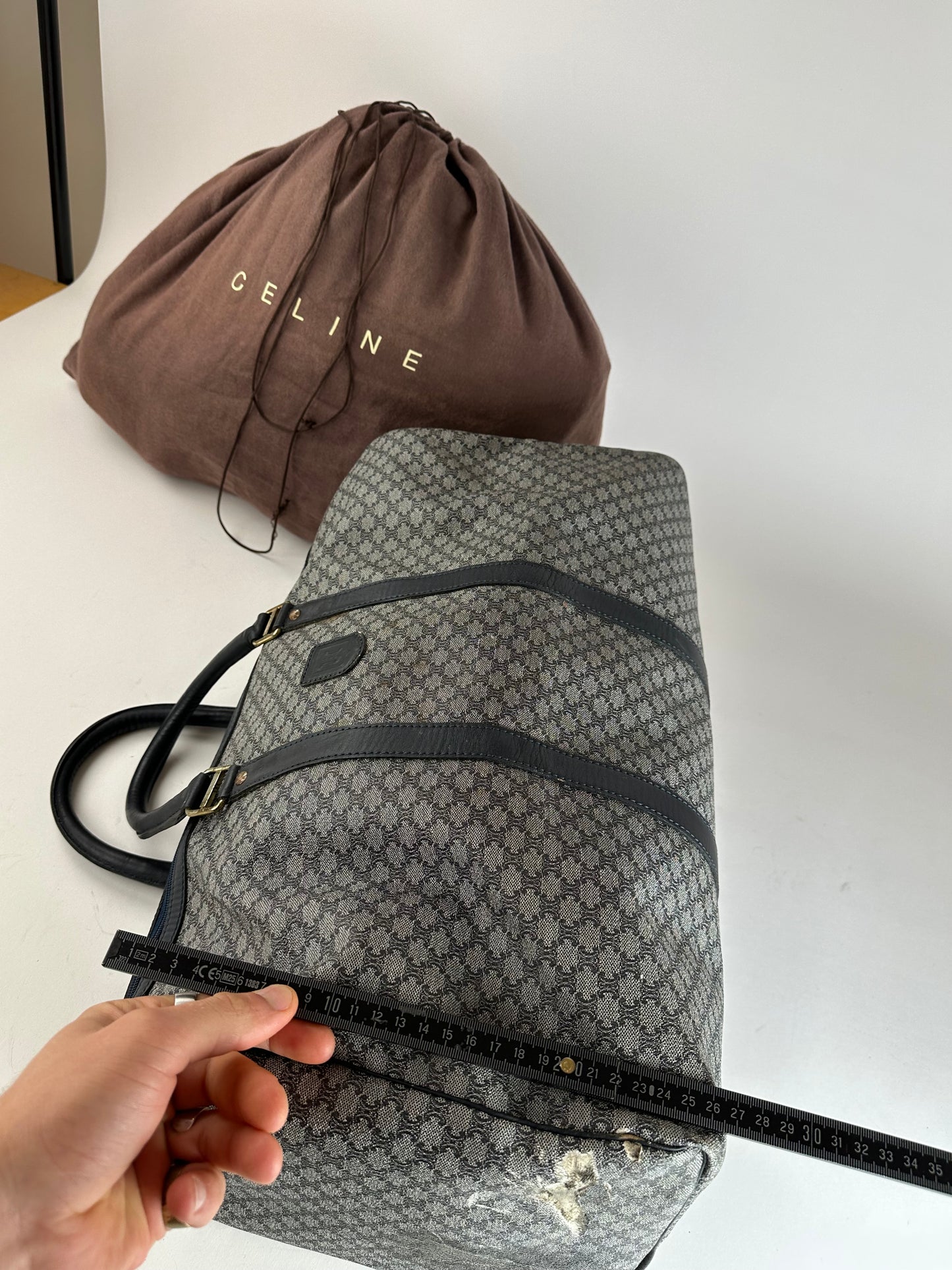 Vintage Celine Paris Triomphe Monogram Duffel Bag Grey Navy Black