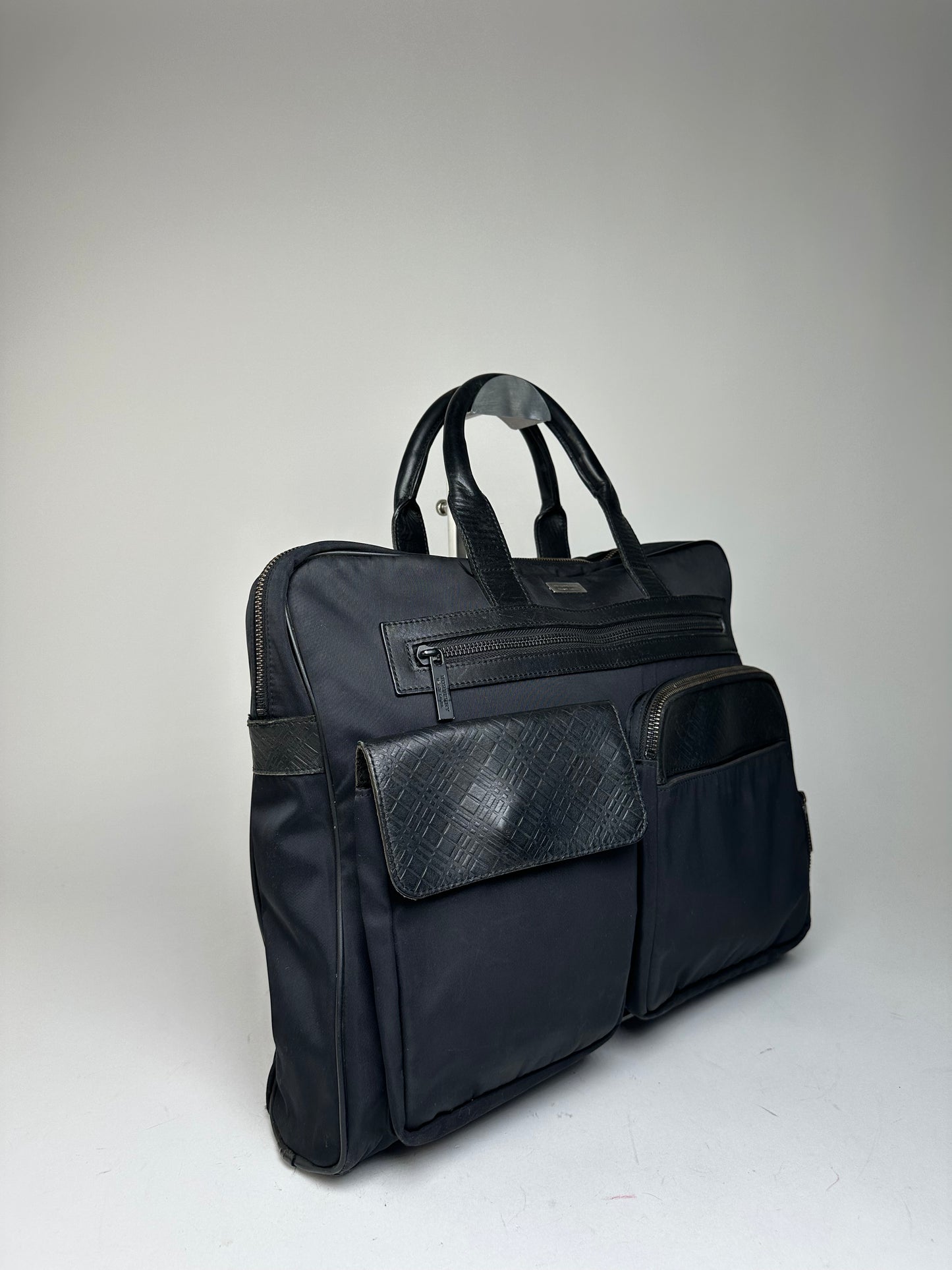 Vintage Burberry Black Label Embossed Check Nylon Briefcase Black