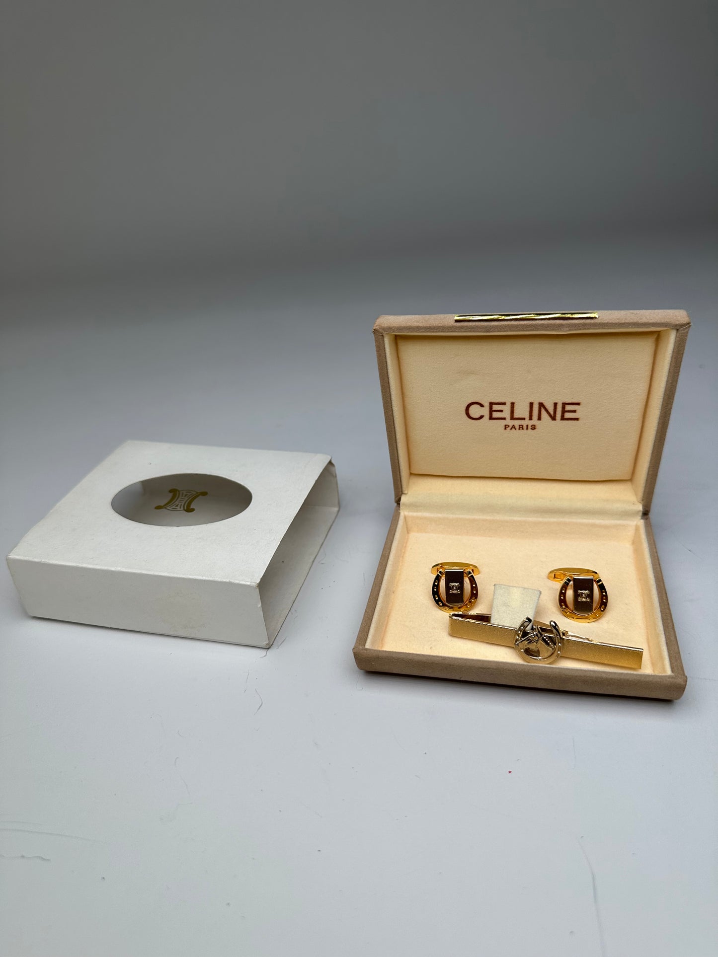 Vintage Celine Logo Cufflinks and Tie Clip Set Gold