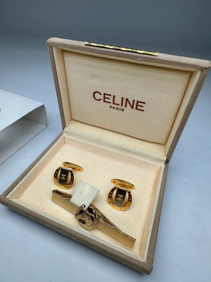 Vintage Celine Logo Cufflinks and Tie Clip Set Gold