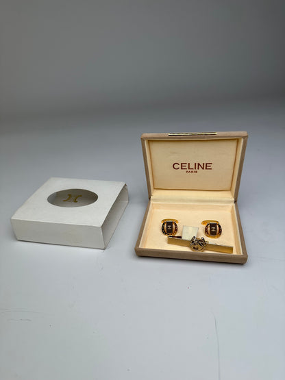 Vintage Celine Logo Cufflinks and Tie Clip Set Gold