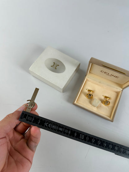 Vintage Celine Logo Cufflinks and Tie Clip Set Gold