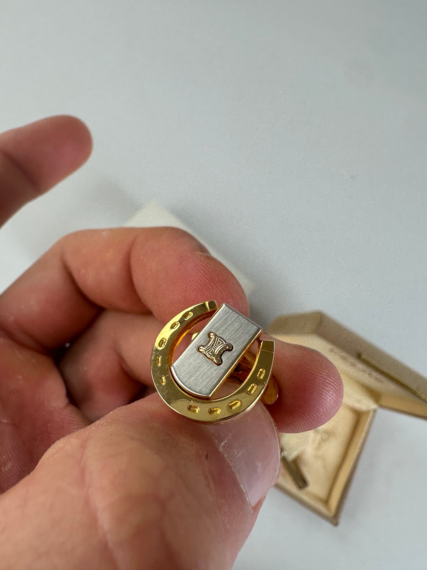 Vintage Celine Logo Cufflinks and Tie Clip Set Gold