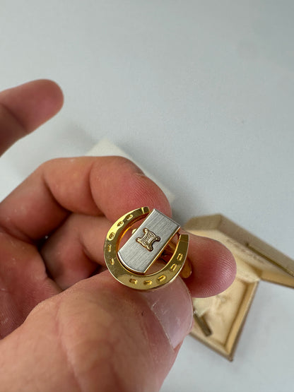 Vintage Celine Logo Cufflinks and Tie Clip Set Gold