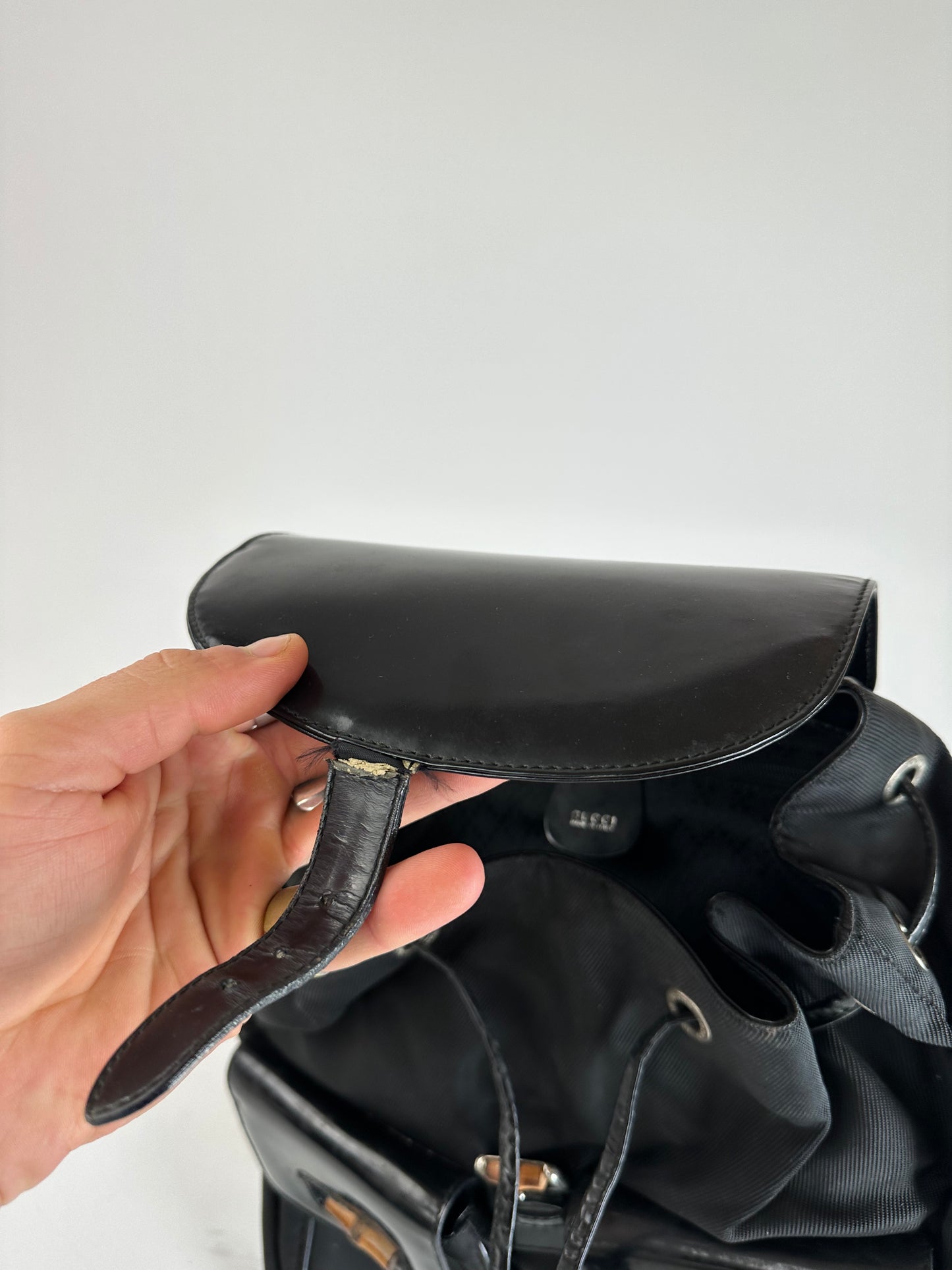 Vintage Gucci Patent Leather Bamboo Backpack Black