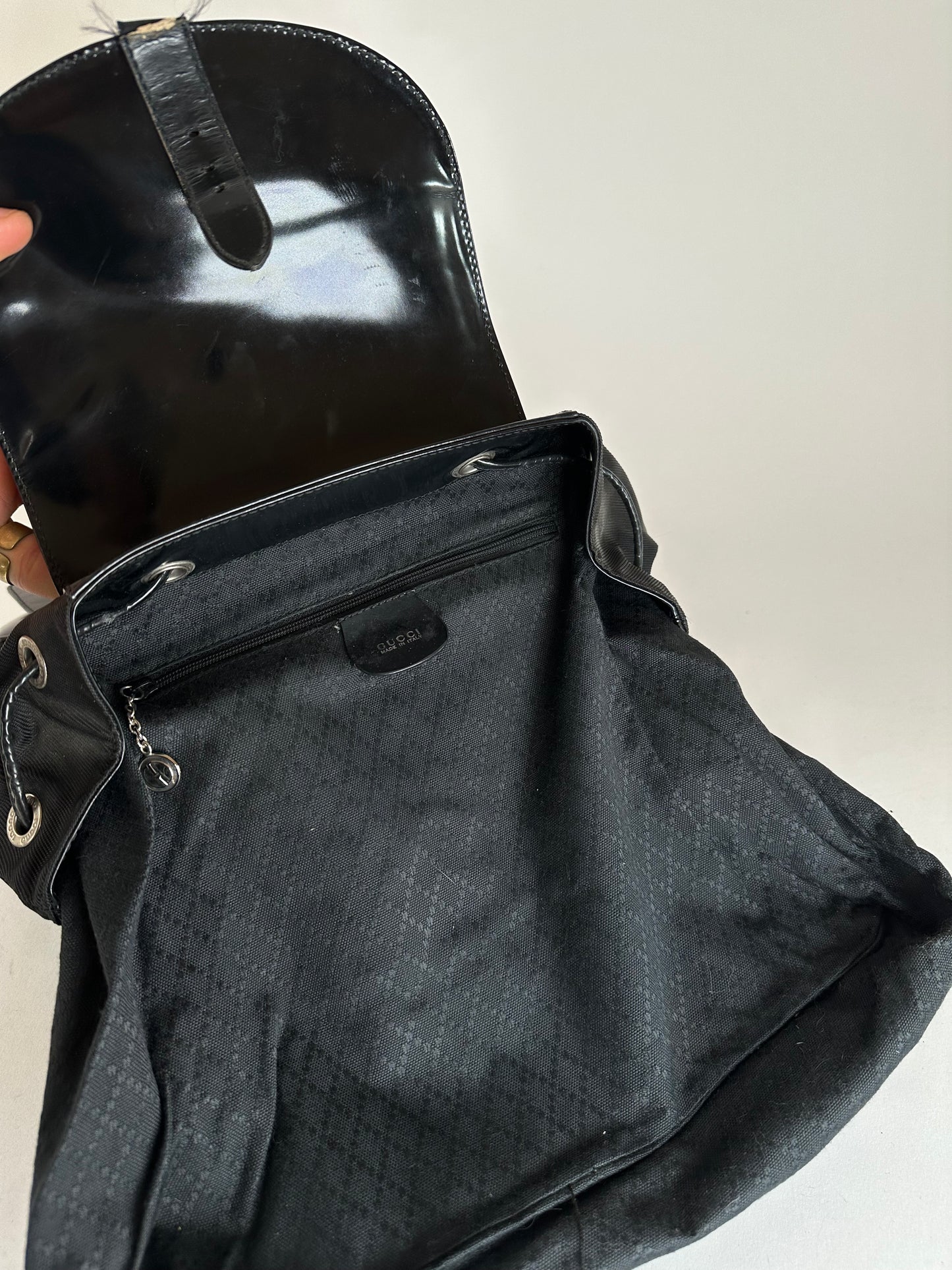 Vintage Gucci Patent Leather Bamboo Backpack Black