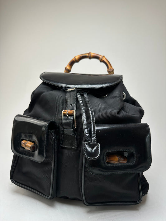 Vintage Gucci Patent Leather Bamboo Backpack Black
